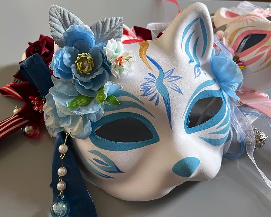 お面　ドクロ　花　被り物　コスプレ　LED付き　手作り コスプレ きつね お面 花鳥風月 きつね面 白 黒耳 レディース